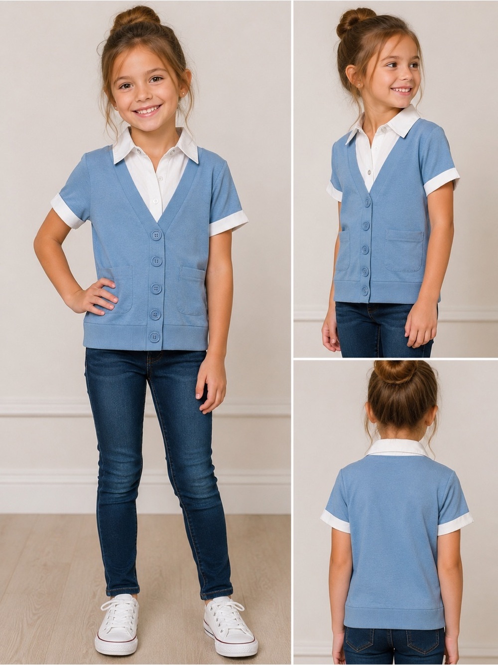 Simply Styled Light Blue Short-Sleeve Button Cardigan